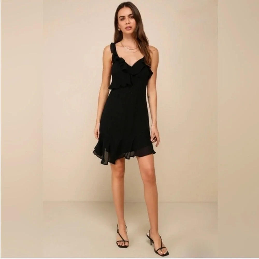 Lulus Captivating Always Black Ruffle Asymmetrical Mini Dress XS NEW